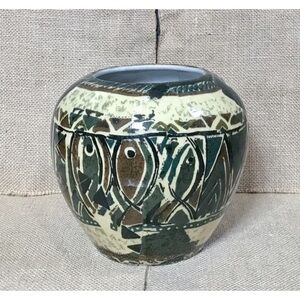 Abstract Fish Pattern Ceramic Vase Aztec Southwestern Boho Earth Tones Folk Art